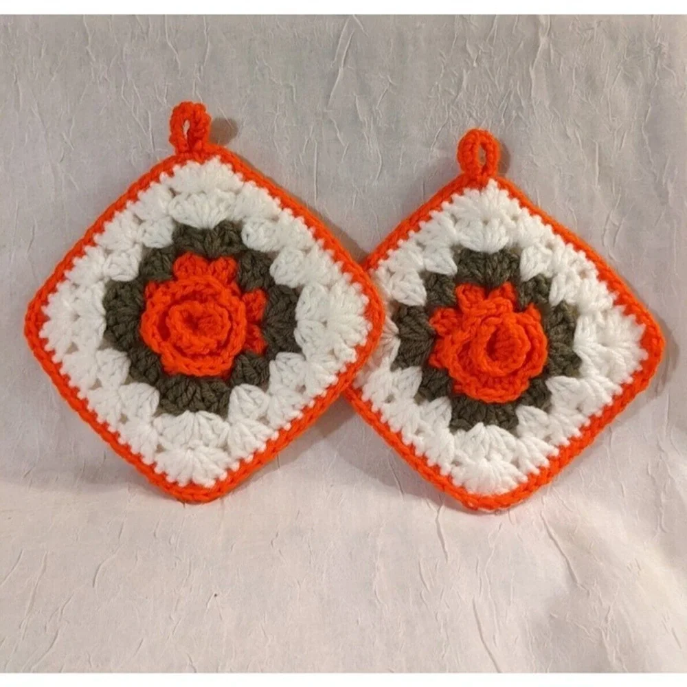 Crocheted Pot Holders Roses Flowers Boho Handmade Orange Decorative MCM Vtg Home